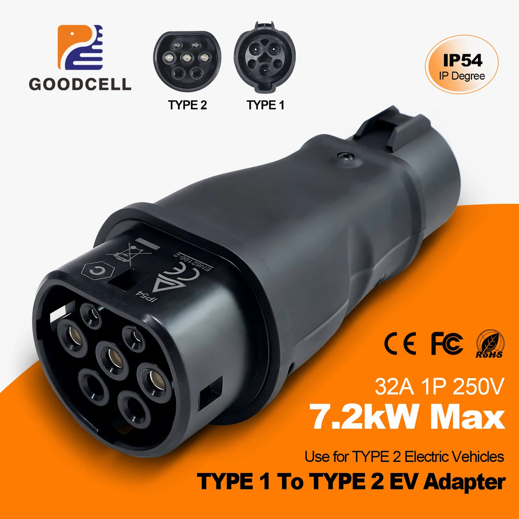GOODCELL Type1 to Type2 32A 1Phase 7.2kw Max EV Charger Adapter J1772 to IEC62196 EV Charger Converter
