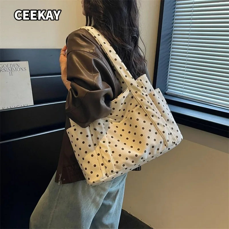 CEEKAY Small Dot Soft Canvas Hobo Bag Rectangular Open Top Multi Compartment Lightweight Ladies Casual Daily Hand Tote Purse