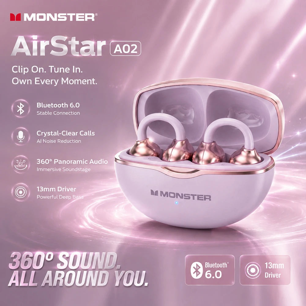 Monster Airstar A02 OWS Bluetooth 6.0 Ear Clip Headphones HiFi Stereo Sport Earbud Open Ear Air Conduction TWS Wireless Earphone