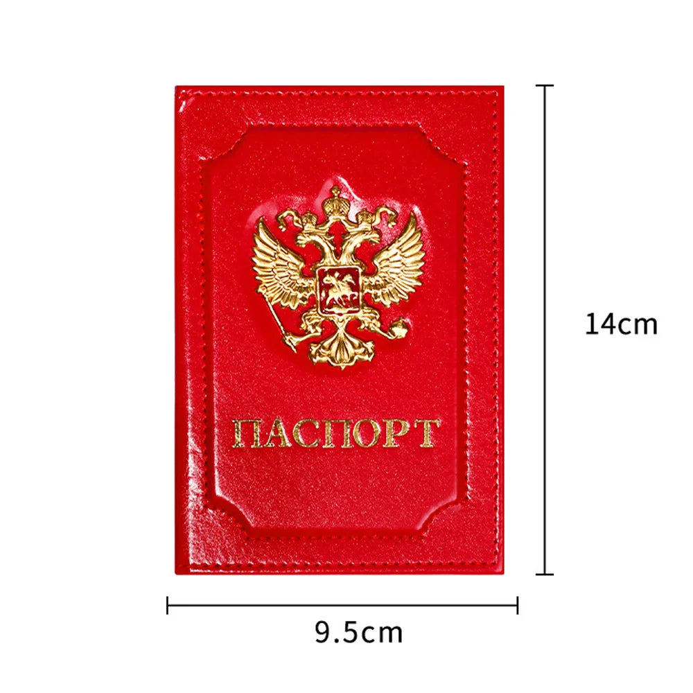 Unisex Russia Passport Holder Travel Organizer PU Leather Ticket Card Case Protective Cover with Gold Russian Badge Embossing