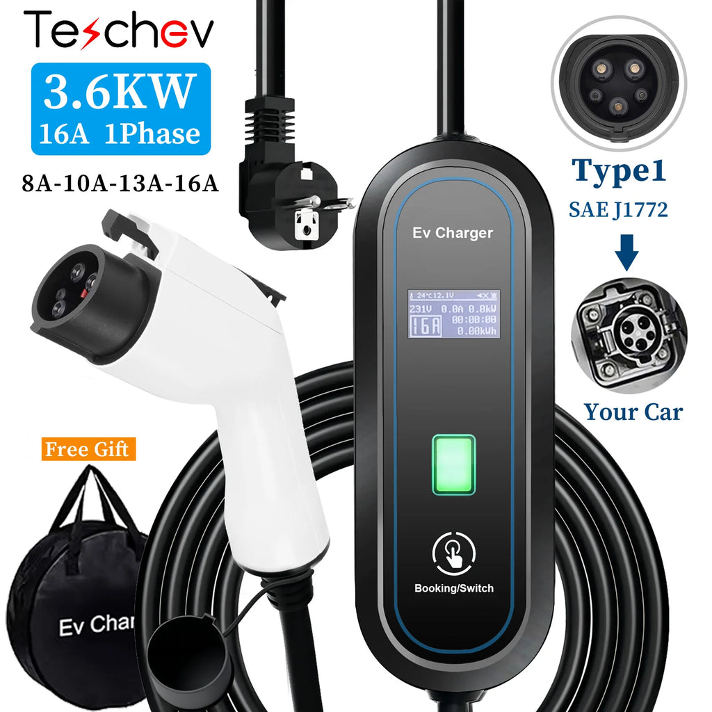 Teschev Type 1 Portable EV Charger 16A 1Phase 3.5KW J1772 Electric Car Charger EVSE Fast Charging Wallbox EV Charging Station