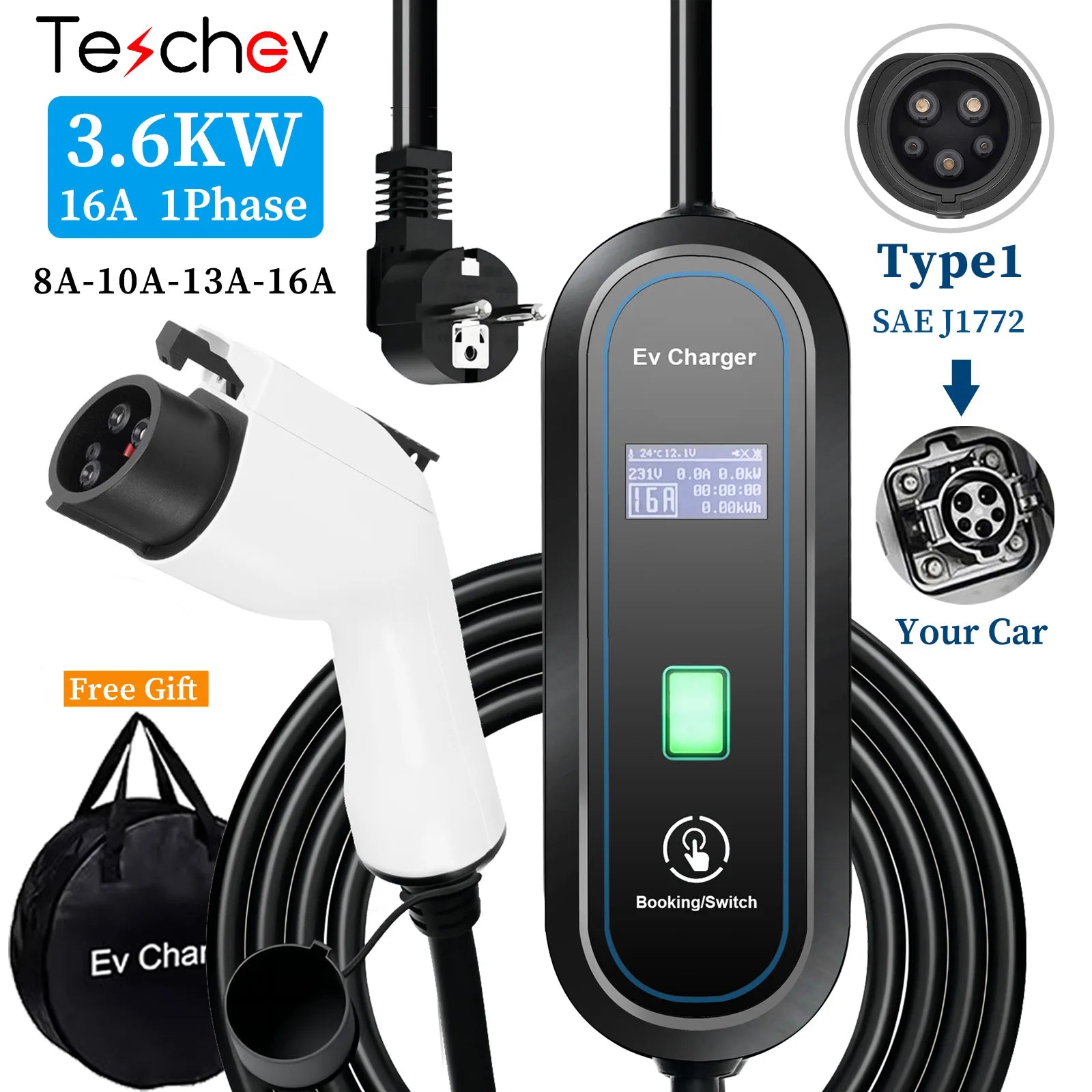 Teschev Type 1 Portable EV Charger 16A 1Phase 3.5KW J1772 Electric Car Charger EVSE Fast Charging Wallbox EV Charging Station