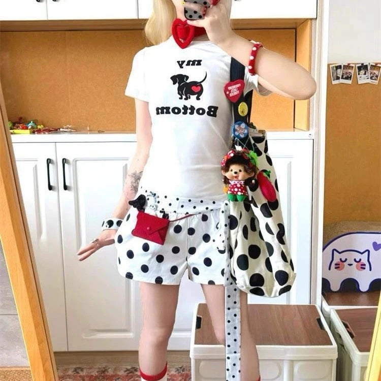 Super Large Capacity Korean Polka Dot Shoulder Bag Retro Fashion Shopping Bag Literary Work Commute Versatile Canvas Handbag Gif