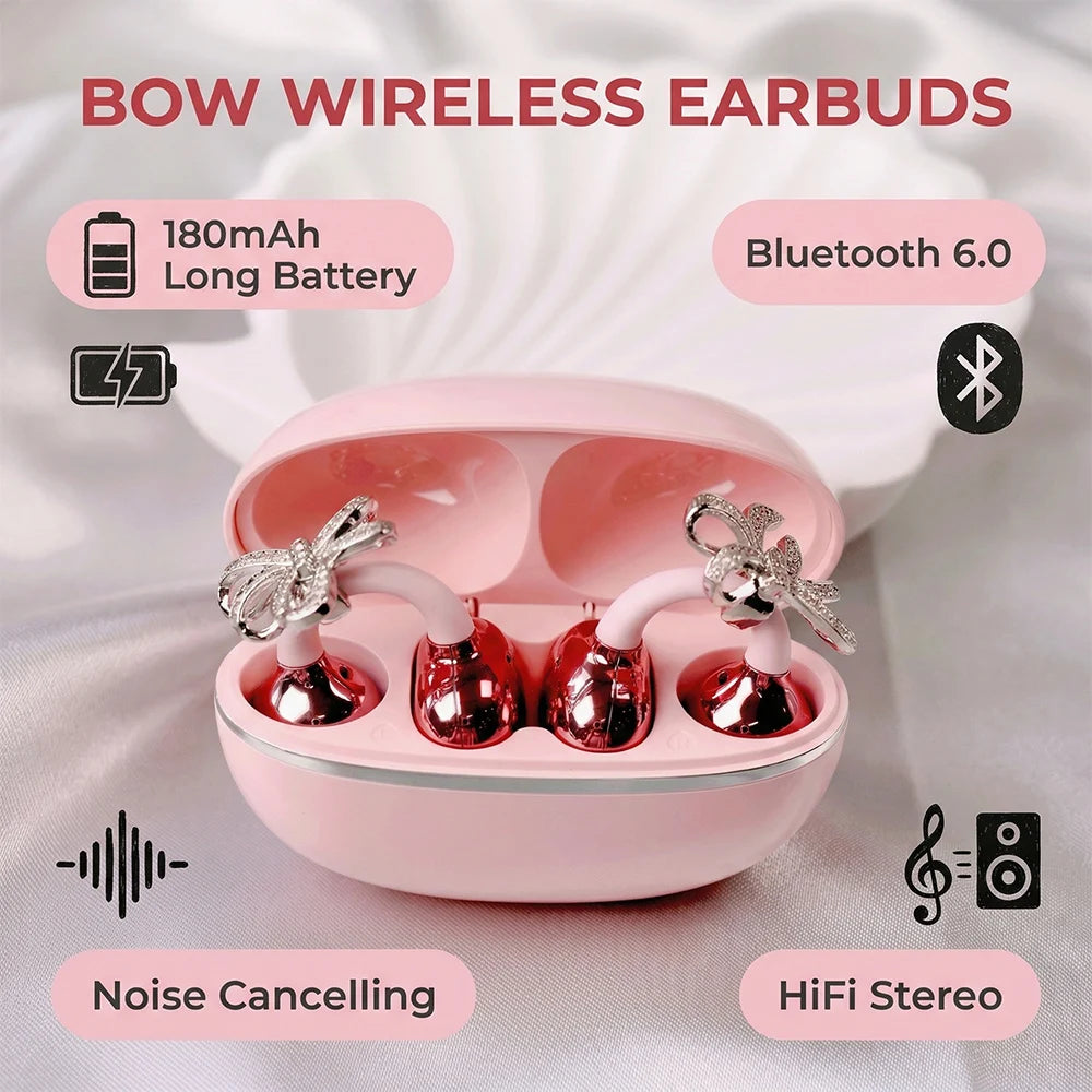 Bowknot Accessory Bluetooth Headphones Wireless Earbuds Stylish Bowknot Designed Bluetooth Earphones Premium Sound Quality Comfo