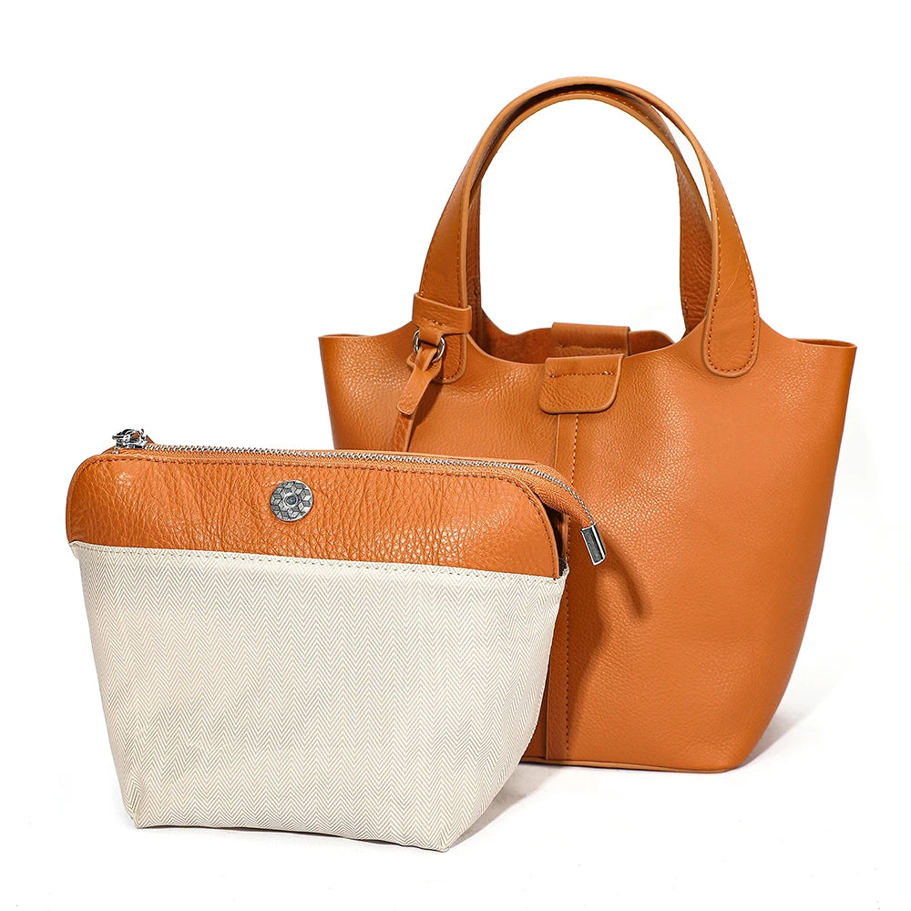 Ladies Full Grain Top Layer Cow Leather 2pcs Bag Set Small Tote Bucket Handbag Detachable Strap Crossbody Bag with Matching Clut