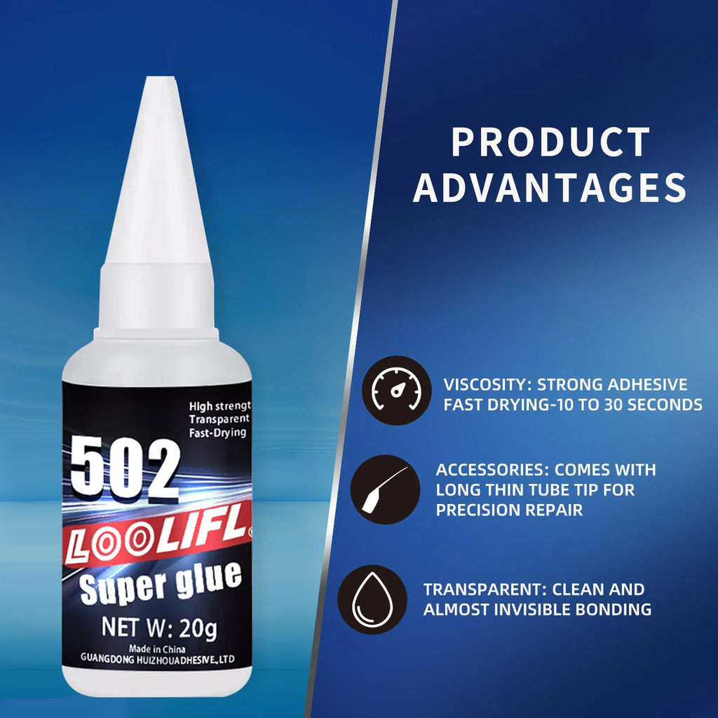 502 Super Glue 20g Fast-Drying Adhesive, Waterproof Instant Glue for Plastic, Wood, Metal, Rubber,DIY Repair with Precision Tips