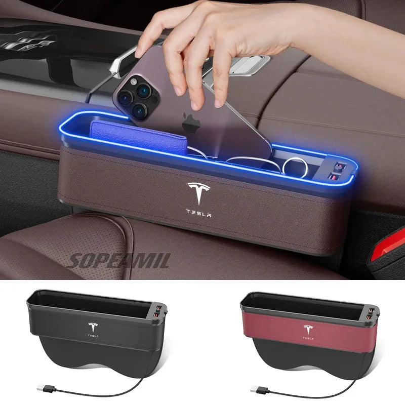 Car USB Charging Multifunction Crevice Storage Box Seat Gap Box For Tesla Cybertruck Roadster Model 3 Model Y Model S Model X