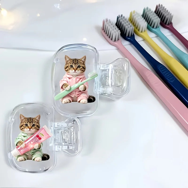 Cute Kitten Toothbrush Head Cover 2pcs Storage Box Portable Bathroom Accessory for Home Business Travel Daily Use Outdoor Trips