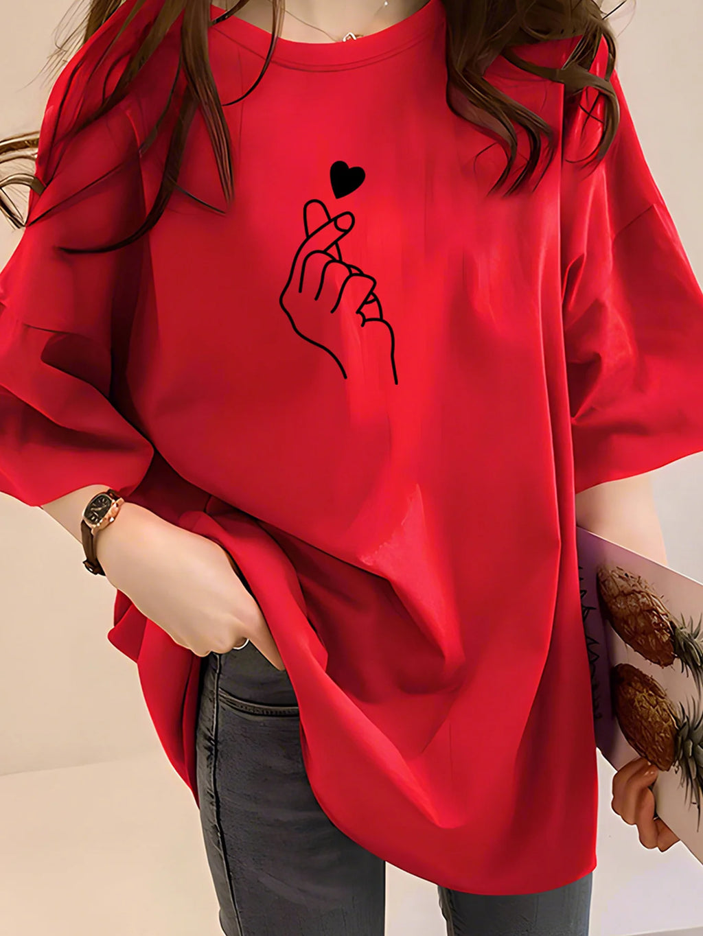 Plus Size Women's Heart Print Letter Graphic Print Fashionable Casual Sports Loose Round Neck Short Sleeved T-shirt Top