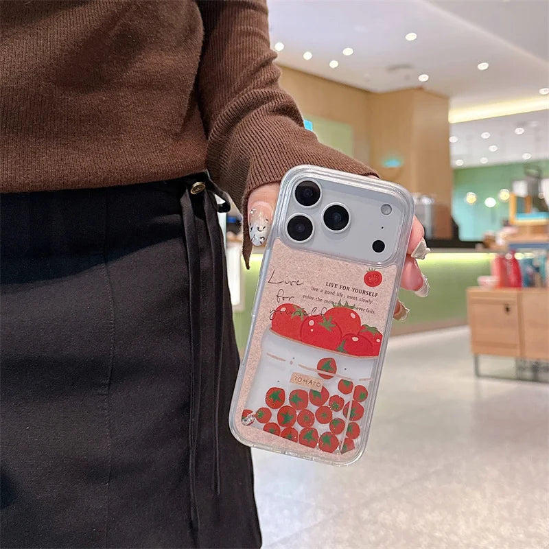 Floating Tomato Quicksand Case for iPhone 15 16 17 Pro Max Phone Cases Liquid in Shell Back Cover Glitter Moving Sand Funda Girl