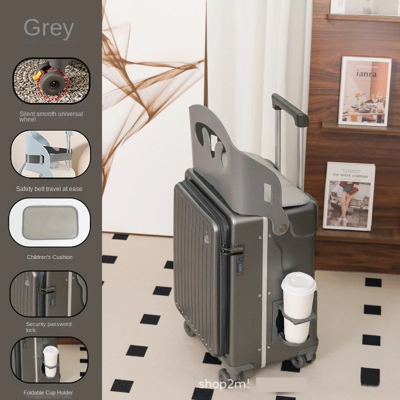 Front Opening Suitcase for Children can Sit 20/22 inch Ride on Luggage Sturdy Thickened PC Travel Suitcase with Cup Holder