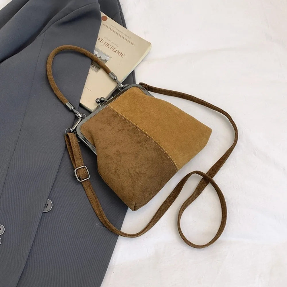 Large Capacity Retro Frosted Handbag Kiss Lock PU Leather Crossbody Bag Clip Closure Short Handle Clutch Shoulder Bag Shopping