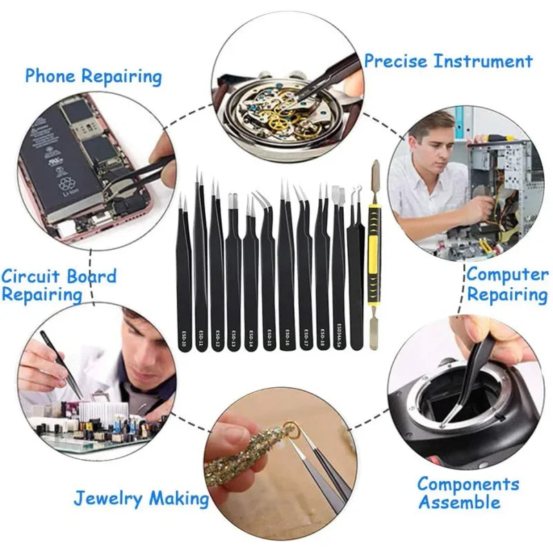 12Pcs/Set Precision Tweezers ESD Anti-static Stainless Steel Elbow Straight With Bag Repair Maintenance Tool Industrial Tweezers