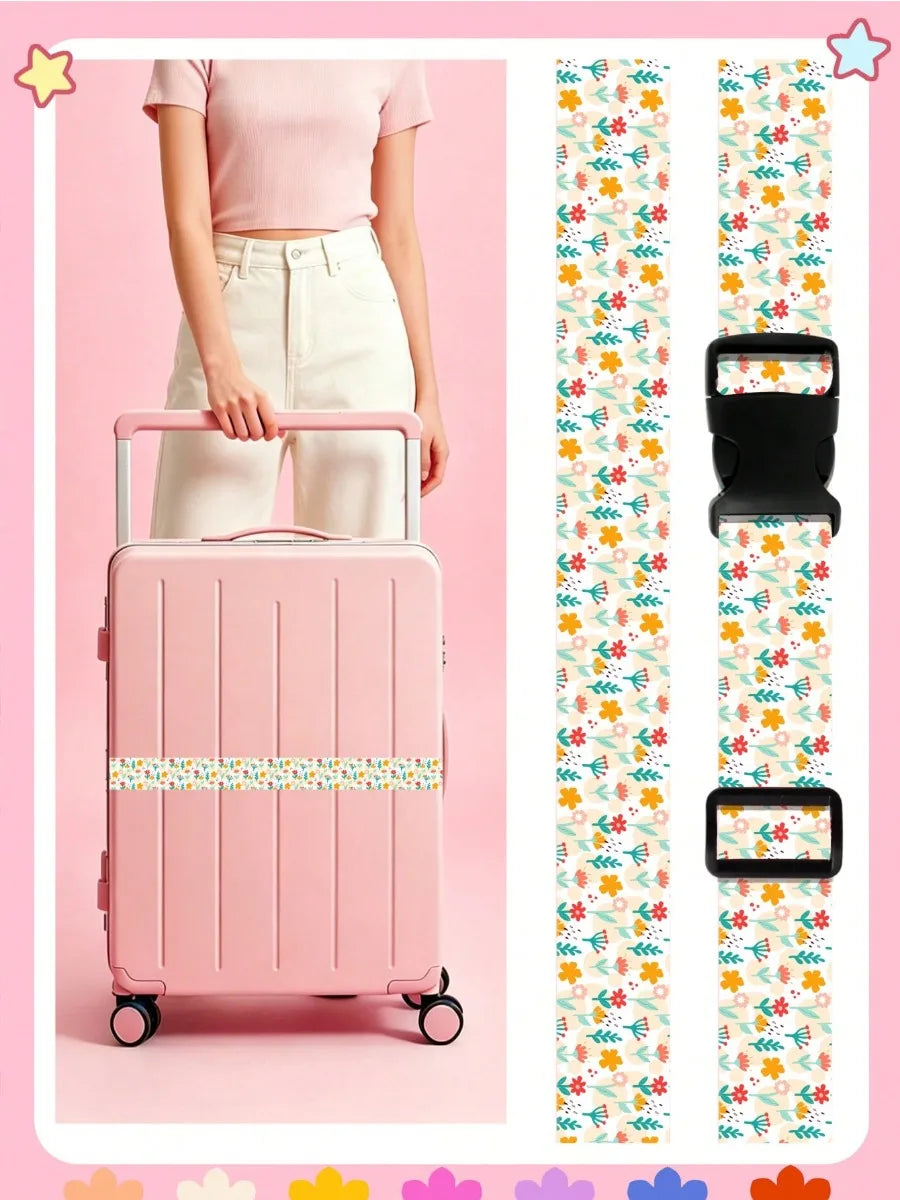 Cute Print Adjustable Luggage Strap for Suitcase, Soft Fabric Travel Belt with Buckle, Lightweight Bag Strap for Women