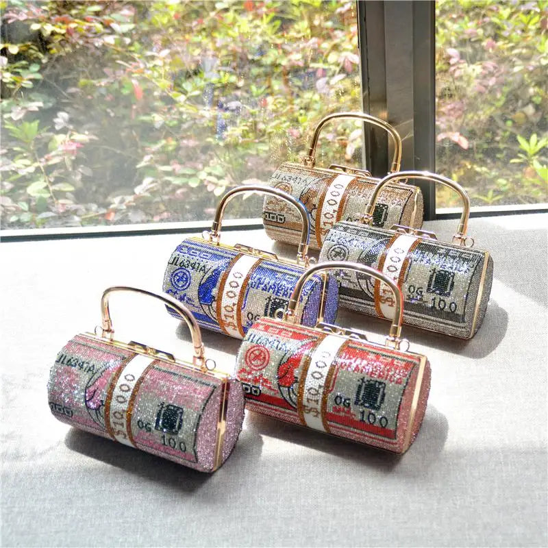Luxury Money Clutch Rhinestone Purse 10000 Dollars Stack of Cash Evening Handbags Shoulder Wedding Dinner Bag Wallet
