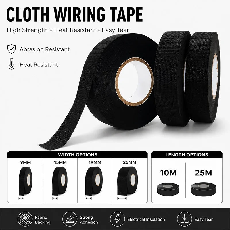 Cloth Fabric Harness Tape for Car Wire Loom Insulation Adhesive Tape 9mm 15mm 19mm 25mm Width 10m/25m Length Heat Resistant