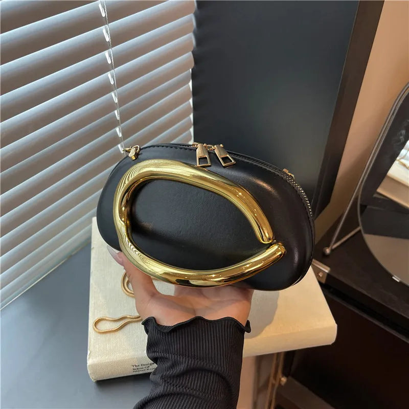 Retro Gold Metal Handle Women Clutch Bag PU Leather Chain Shoulder Crossbody Bag Mini Evening Purse for Party Wedding Daily Use