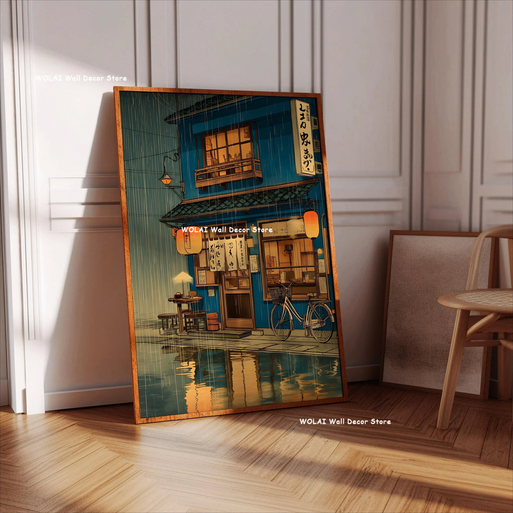 Anime Cafe Shop and Bicycle Canvas Poster Ghibli Work Anime Style Street Cafe Scene Wall Art Printing for Living Room Home Decor