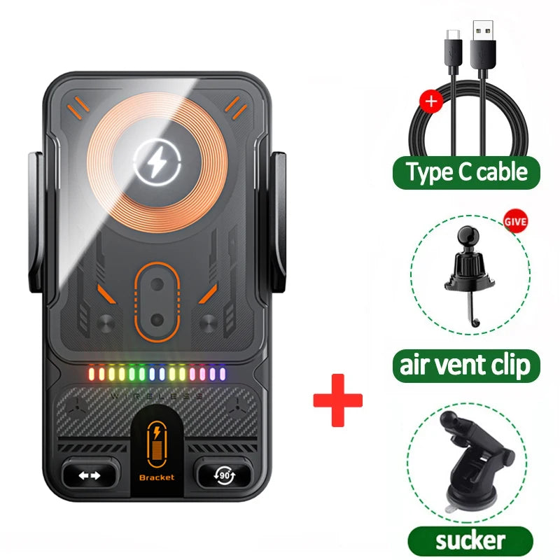 Auto-Clamping Car Wireless Charger Phone Holder Stand Touching 360 Rotation RGB Fast Charging Bracket For iPhone 17-12 Samsung