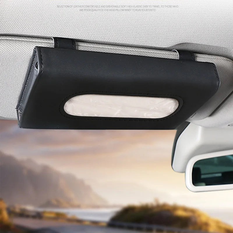 PU Leather Car Sun Visor Tissue Box Holder with Hook-and-Loop Fastener, Auto Interior Storage Bag for Masks and Tissues,