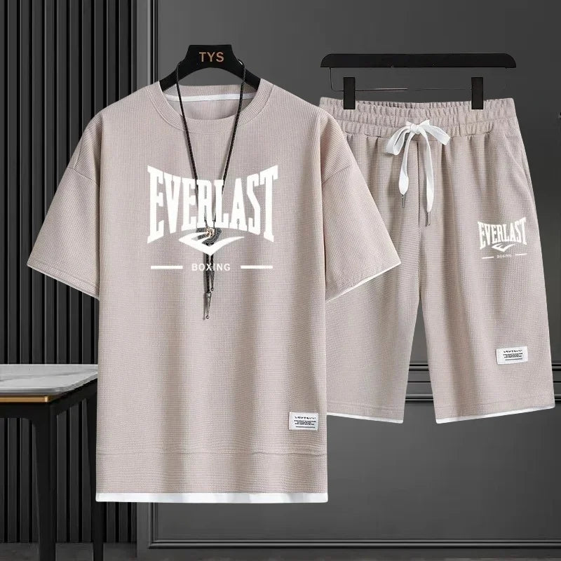 EVERLAST New Summer Men's Daily Casual Breathable Comfortable Loose Sports Set Fashion Brand Men's Waffle Top+Shorts 2-piece Set