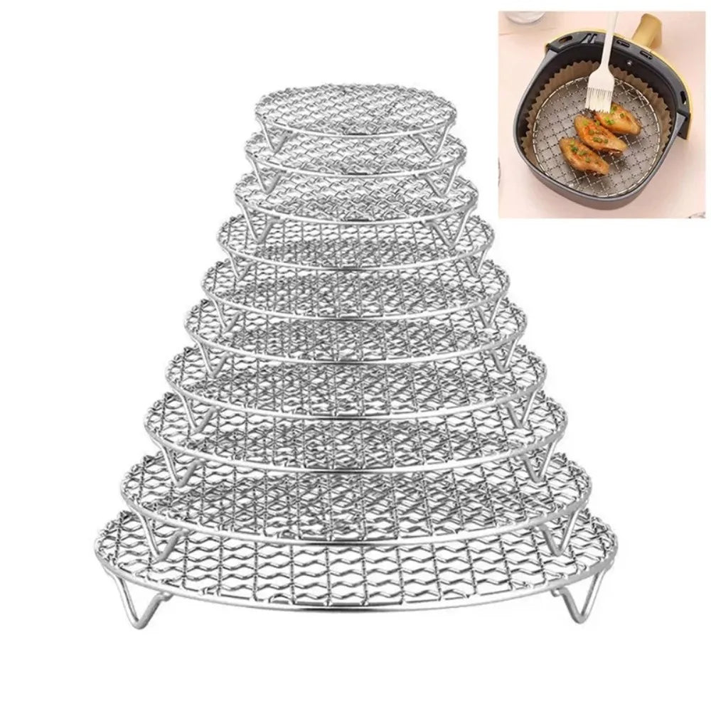 Durable Round Air Fryer Rack Stackable Stainless Steel BBQ Net with Foot Grid Grill Home Kitchen Oven Steamer Cooker