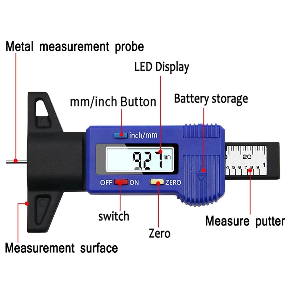 Digital Depth Gauge Caliper Tread Depth Gauge LCD Tire Tread Gauge For Car Tire 0-25mm Measurer Tool Caliper Repair Depth Tools