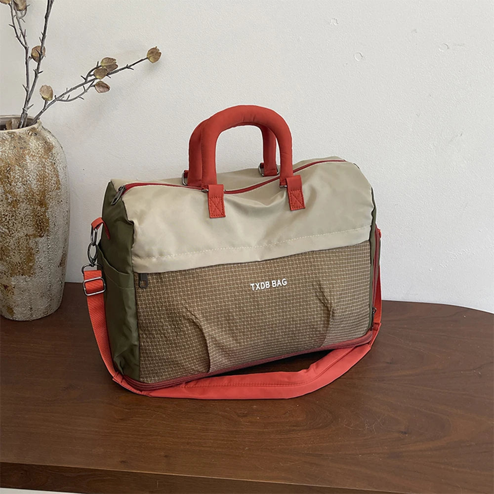 Duffle Bag Travel Handbag Detachable Shoulder Strap Grid Splicing Expandable Storage Bag for Weekend Trip Sightseeing Outing