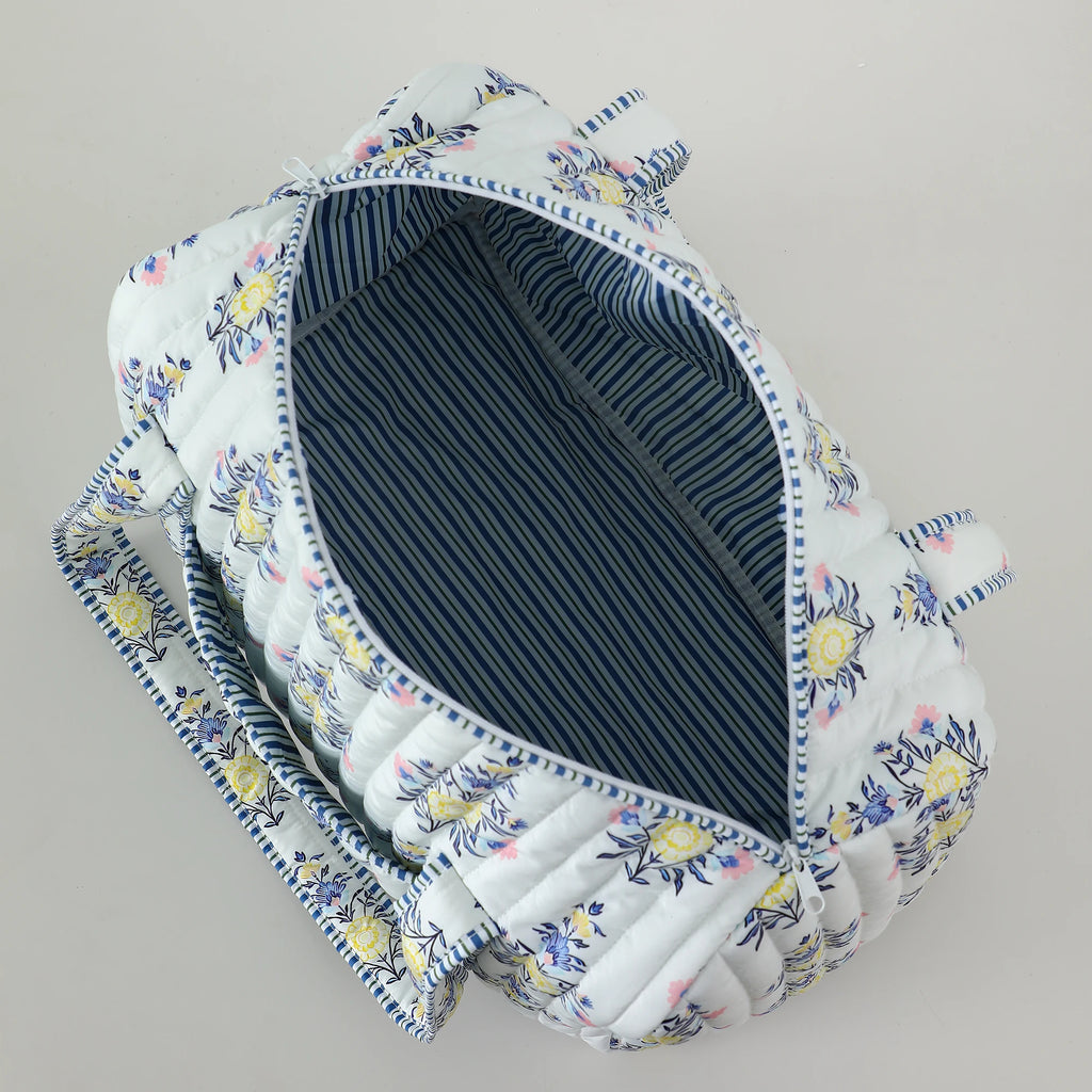 Large Quilted Travel Bag For Women Weekender Bag Floral Block Print Cotton Luggage Overnight Duffle Bags