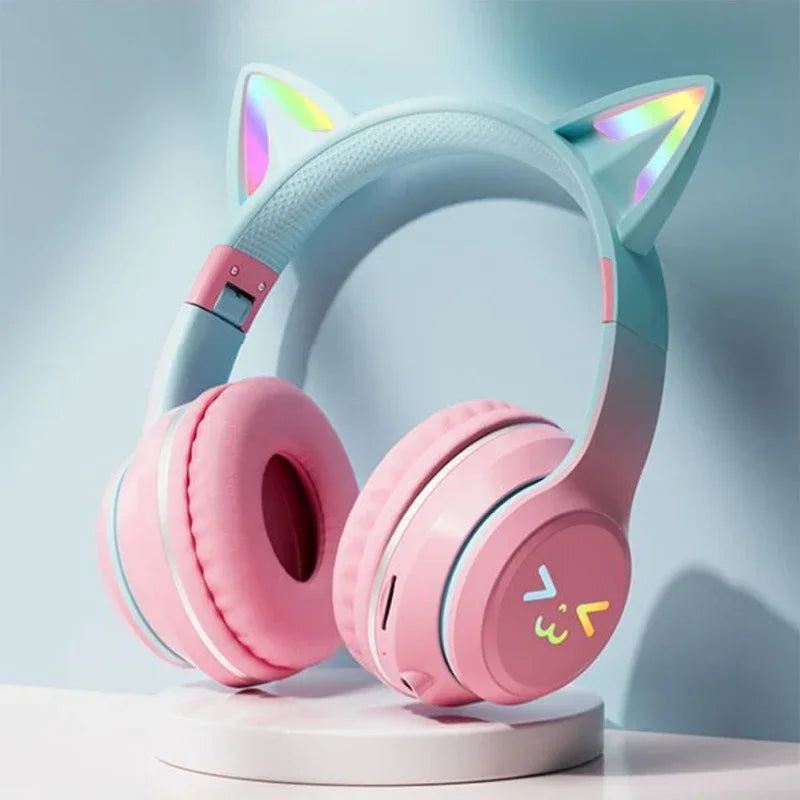 Pink Cat Ears TWS Earphone RGB Smile Face Gradient Headset Cute Gift For Little Girls Compatible With Any Smartphone