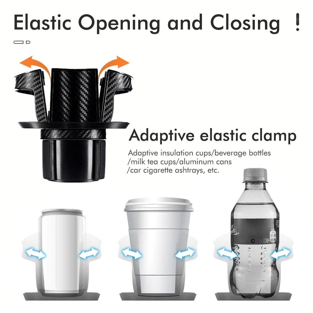 Car Dual Cup Holder Expander - 1-to-2 Design, Carbon Fiber Style, Universal Auto Cup Storage Rack for Drinks & Mugs
