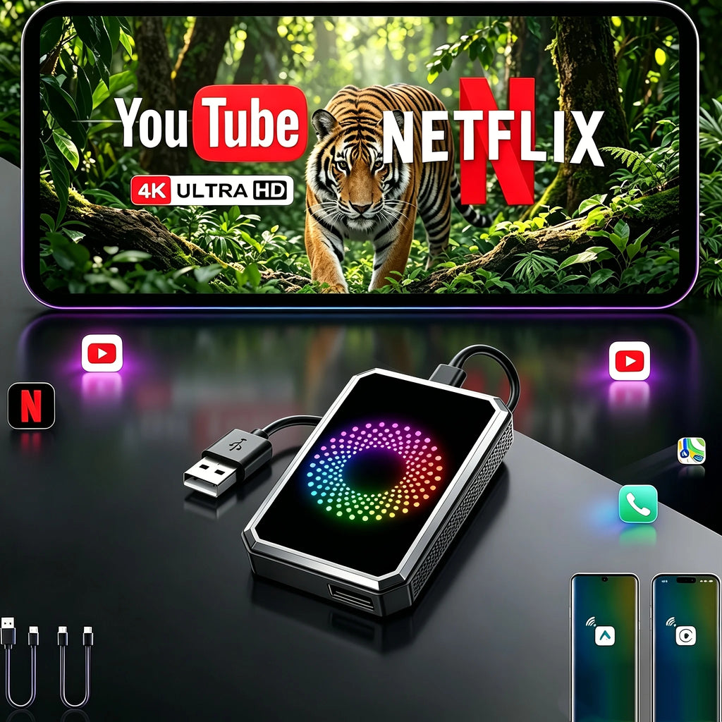 The 3-in-1 Magic Media Box Supports Netflix ,YouTube Streaming. It Comes With a Wireless CarPlay Adapter And a USB Port, And is Compatible With Vehicles Equipped With Factory-installed Wired Apple CarPlay and Android Auto Sys