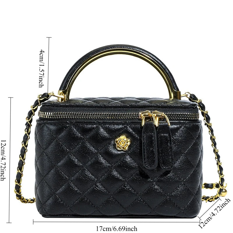1pcs PU Camellia Decor Crossbody Bag Mini Quilted Cosmetic Case