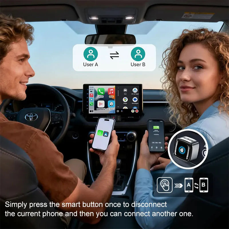 Wooboobox Wireless CarPlay Adapter 2026, 2 Phones One-Tap Switch Alloy Body, 2in1 CarPlay Dongle for  iPhone Android Auto BOX