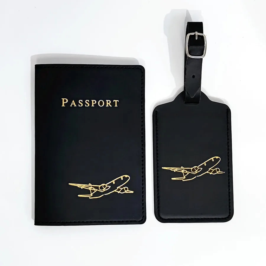 2PCS/Set Aircraft Passport Cover Luggage Tag With Name ID Card Anti-lost PU Leather Wallet Travel Accessories For Flight Lovers