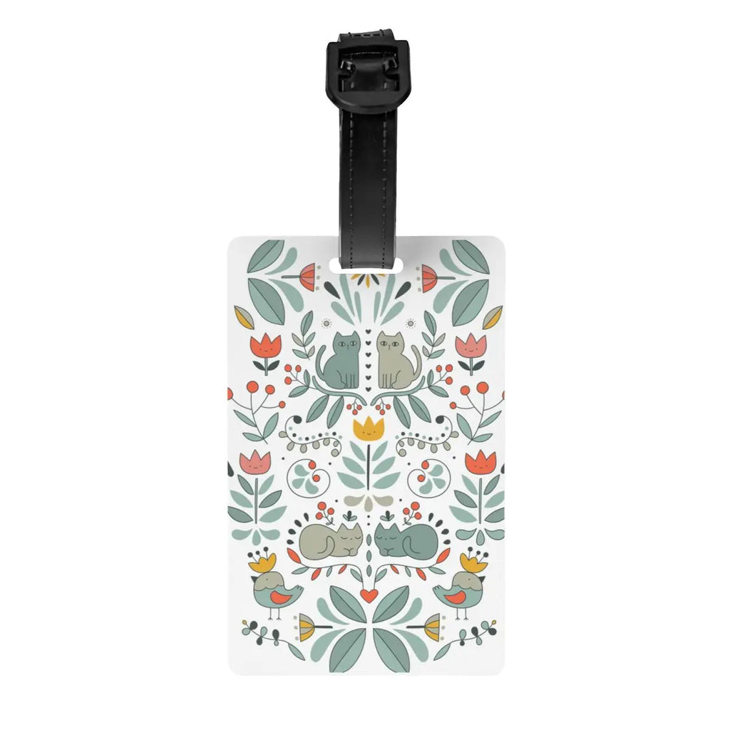 Custom Swedish Folk Cats Luggage Tag With Name Card Privacy Cover ID Label for Travel Bag Suitcase
