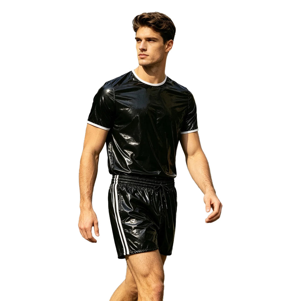 Men Glossy Waterproof Outfit Short Sleeve T-shirt Top with Shorts Built-in Briefs Swimwear Beachwear Clubwear Cycling Sportswear