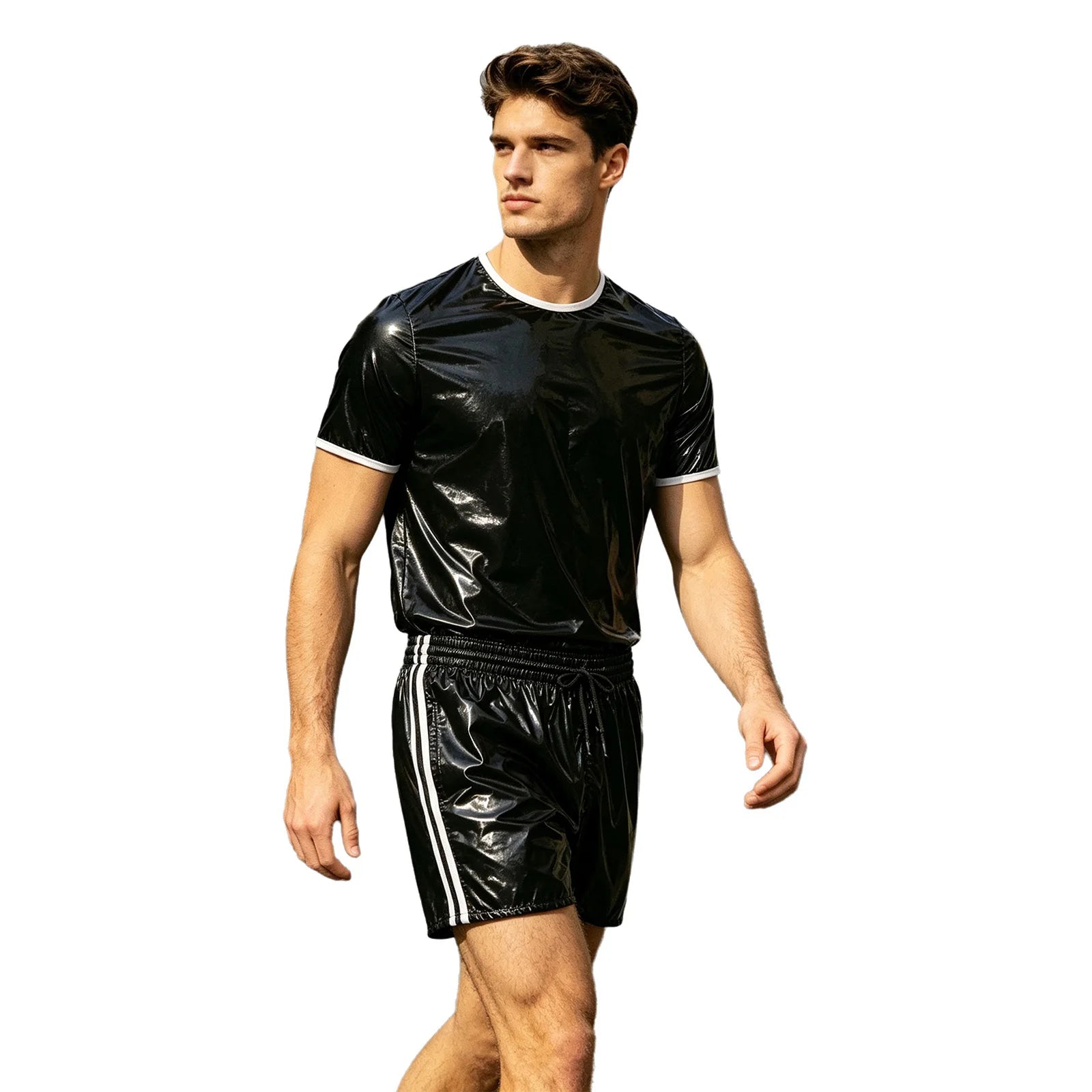 Men Glossy Waterproof Outfit Short Sleeve T-shirt Top with Shorts Built-in Briefs Swimwear Beachwear Clubwear Cycling Sportswear