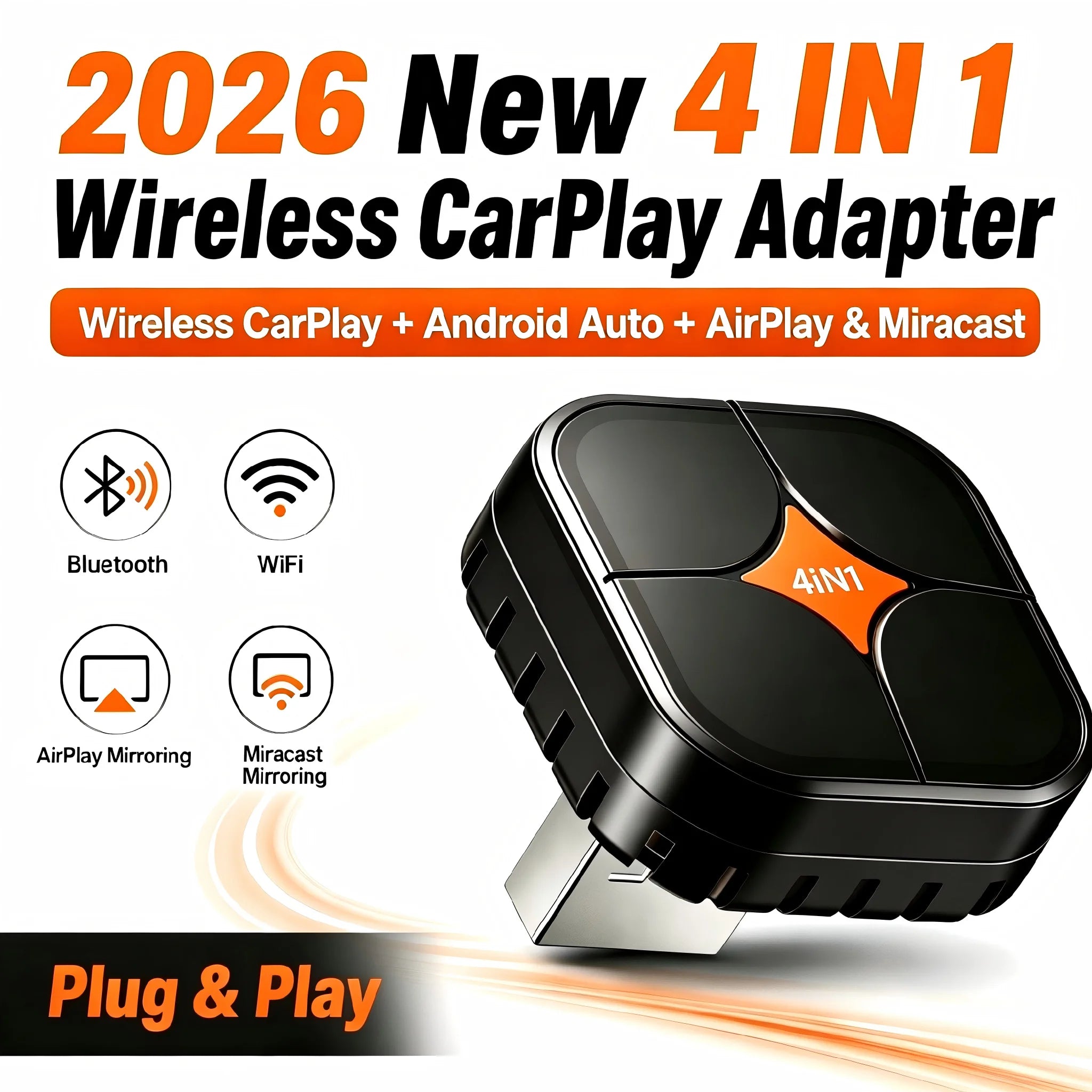 2026 New 4IN1 Wireless CarPlay Adapter Wireless Android Auto AirPlay Miracast Wireless Screen Cast Smart Car Box Plug & Play