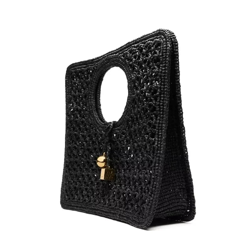 Interlocking-closure Tote Bag Women Black Flat Woven-raffia Luxury Designer Handbag New Gold Metal Rond-carré Charms Female Bags