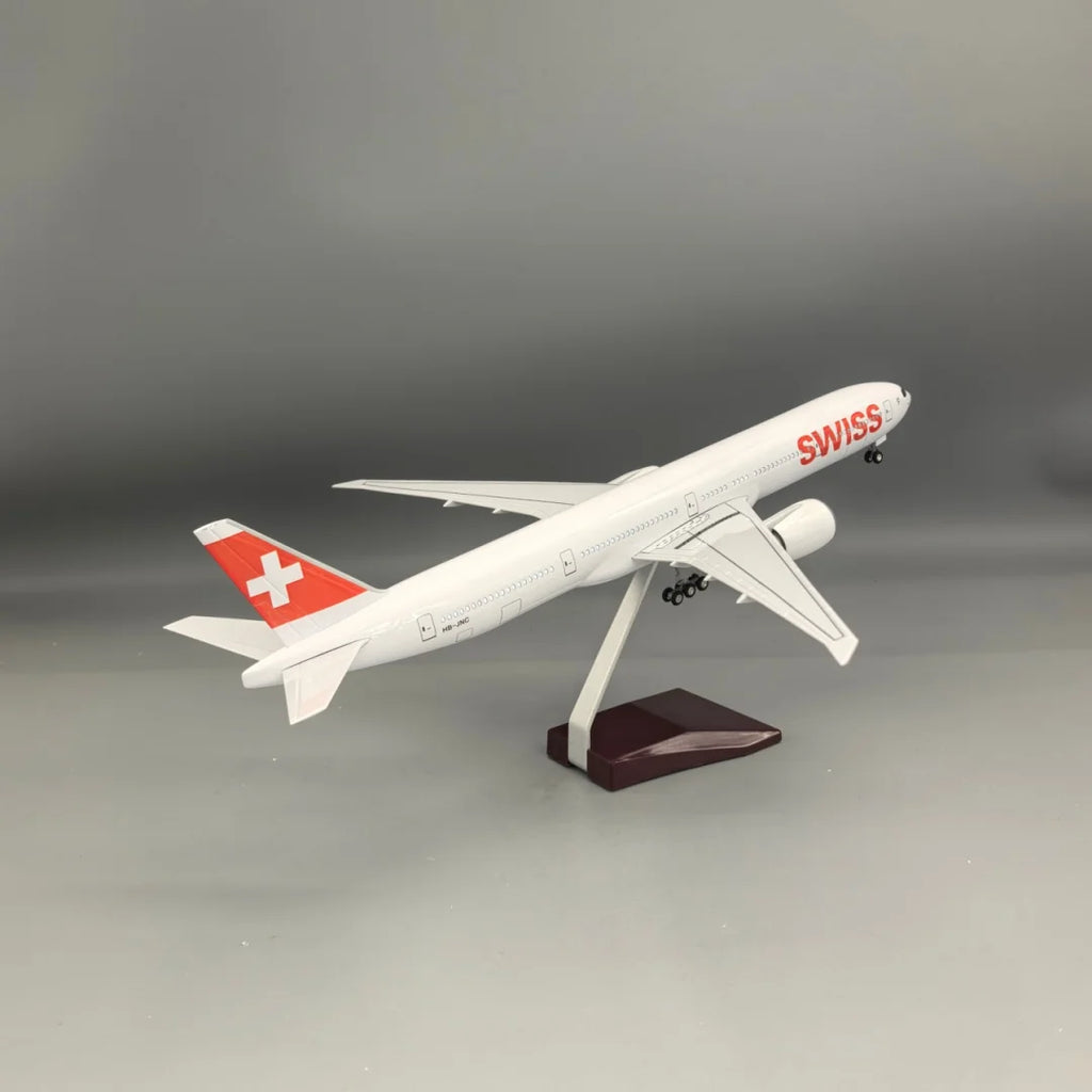 Scale 47cm B777 Swiss Airways Switzerland with Light And Wheels Die-cast Resin Aircraft Model Collectible Display Toy Airplane