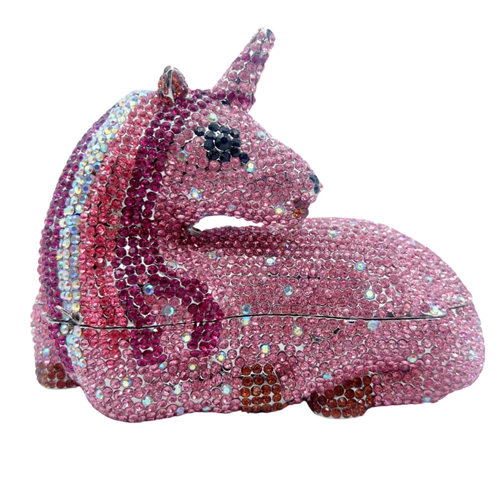 Luxury Pink Unicorn Handbag Women Diamond Evening Clutch Crystal Bridal Purse Designer  Party Phone Bag Lady Wedding Dinner Bags