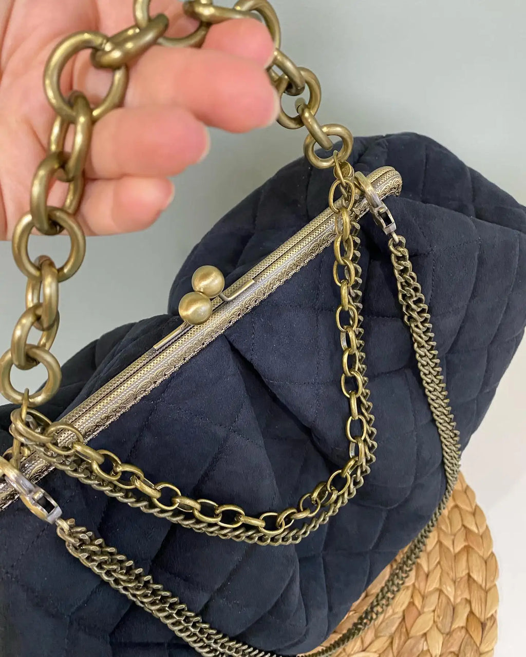 LOST IN VINTAGE Leopard Print Cotton Fabric Soft Puffy Soild Bag Balls Bronze Kiss-lock Large Purse Frame Clutch 40x24x10cm
