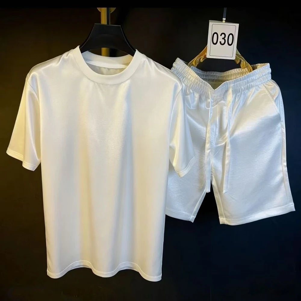 Mens Acetate Fiber Satin Casual T-Shirt Shorts Two-Piece Sets Daily Outdoor Simple Hip-Hop Plain Sets Men'S Clothing 2026 New