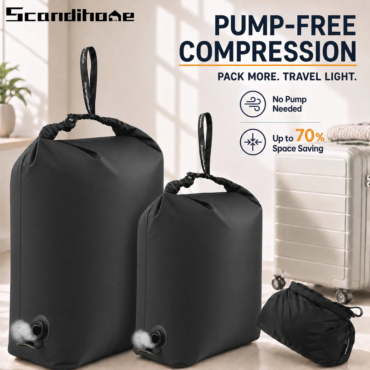 Luggage Vacuum Compression Bag Pump Free Reusable Vacuum Storage Bag 70% Space Save Waterproof Travel Clothes Sealed Packing Bag