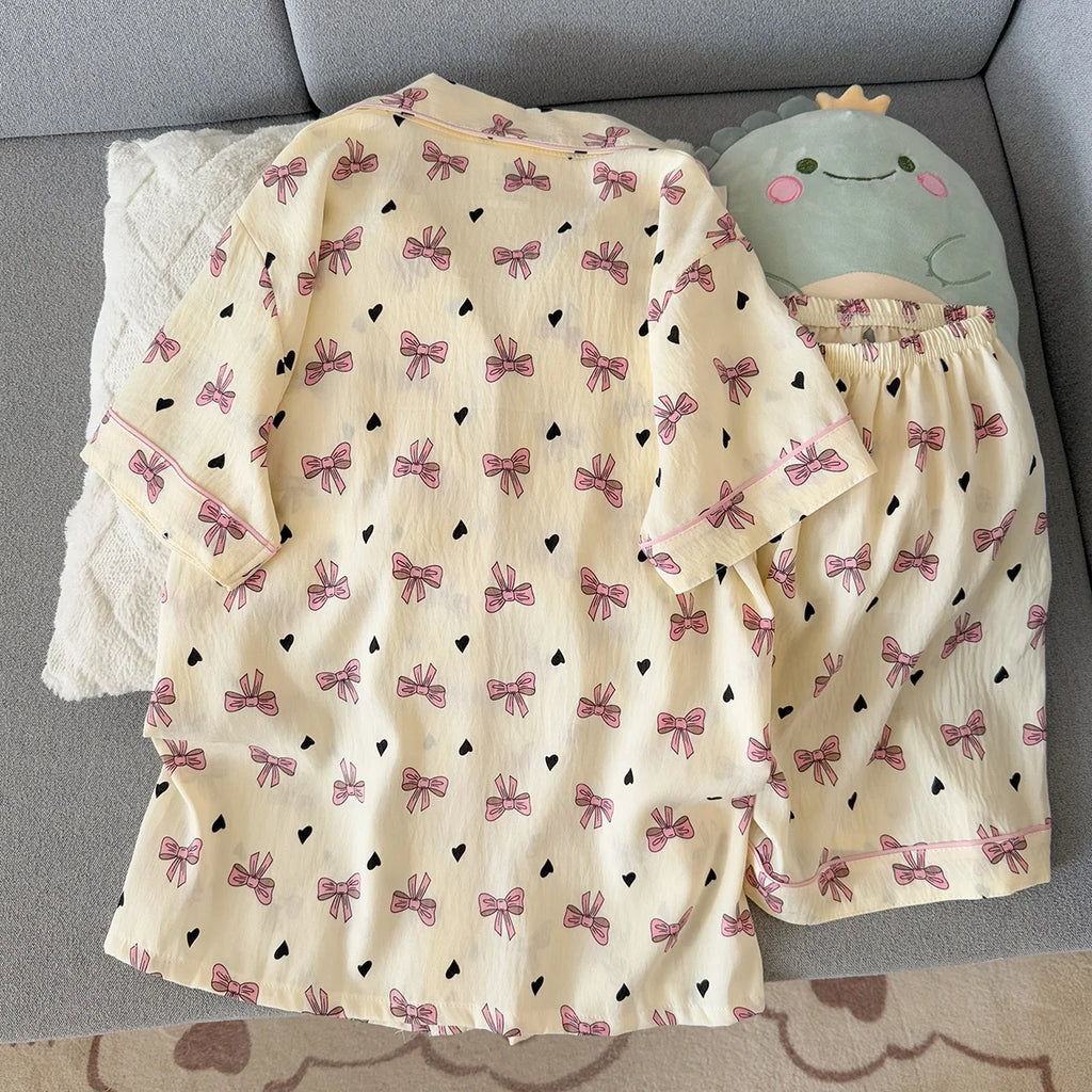 Women's Summer Pajamas, Thin Style with Bow Pattern, Short-Sleeved Shorts, Sweet and Cute, Can Be Worn Outside in Summer, Home Wear Set, Two-Piece Set