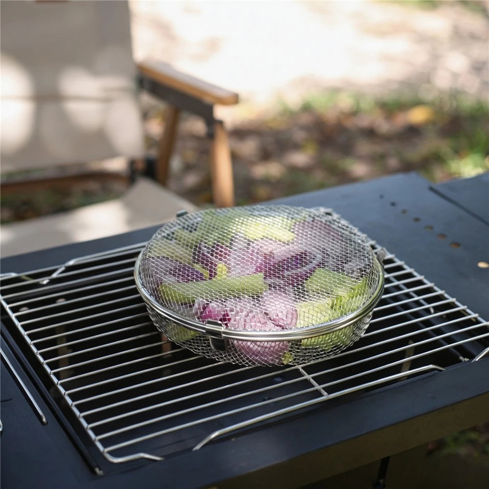 Stainless Steel Round BBQ Grill Basket, 20cm/7.87in Multipurpose Mesh Roasting Cage For Air Fryer Oven Camping Barbecue Popcorn