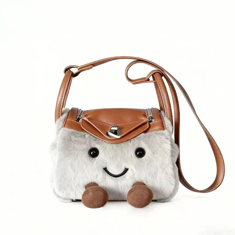 New Autumn/Winter 2025 Cute Cartoon Plush Spliced Pu Leather Pillow Bag Sweet Girl's Versatile Crossbody Bag for Commuting