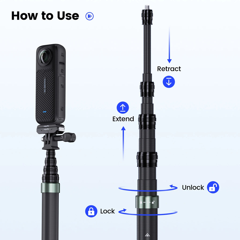 aMagisn 3m Invisible Selfie Stick , Carbon Fiber Extended Monopod 118" for Gopro Max DJI 360 Insta360 X3 X4 Air X5 Accessories