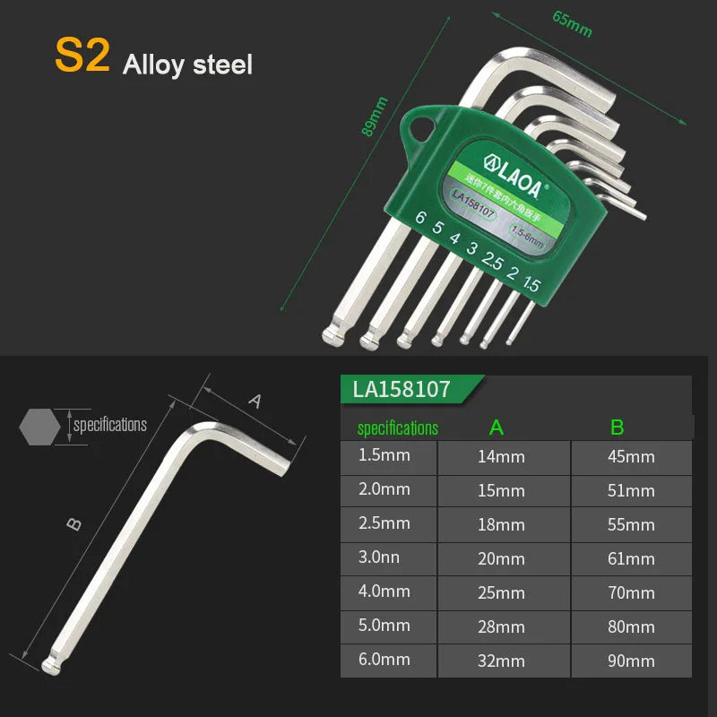 LAOA Mini Hexagon Wrench Seta S2 Socket Head Wrench with Magnetic Ball Head Spanner Tools Allen Key Wrenche Kit